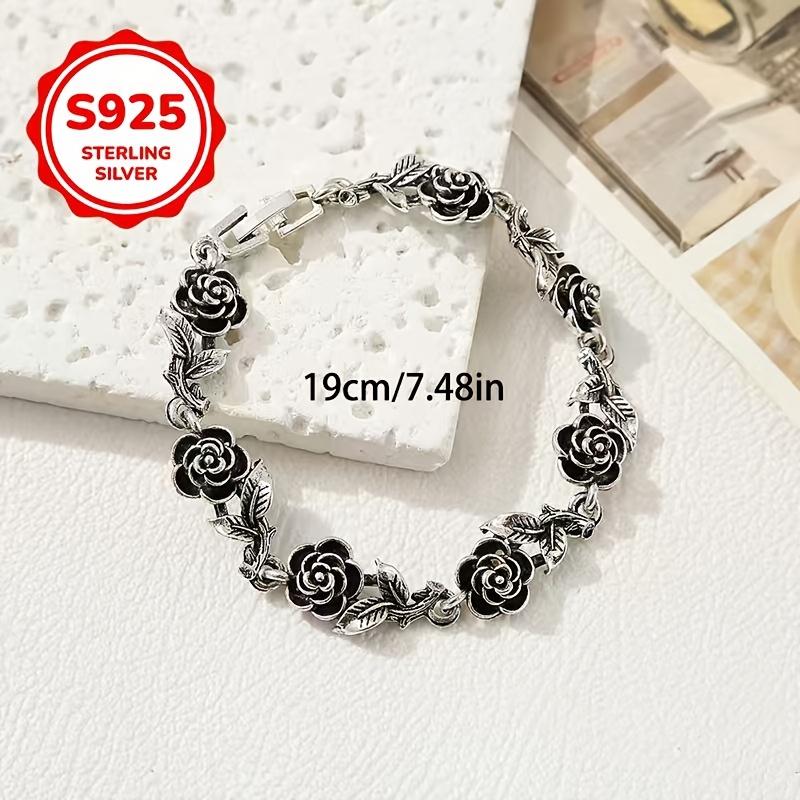 Bracciale in argento 925, stile donna, design a rosa e foglia, perfetto per compleanni, San Valentino, feste e altre occasioni