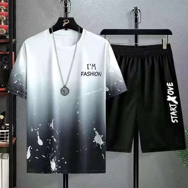 Summer Casual Suit Men's Ultra-thin Quick-dry Ice Silk Short Sleeved T-shirt Sports 5-minute Shorts Running 2-piece Set