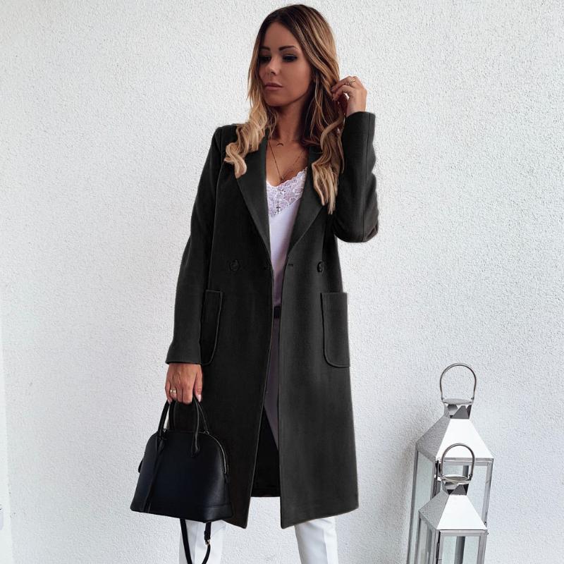 Modă Toamnă și Iarnă Jachetă Culoare Solidă Rever Stil Retro Mânecă Lungă Două Buzunare Guler Tip Costum Lână Jachetă Lungă Femei