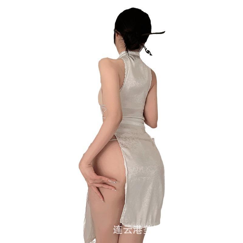 Long tight new cheongsam set, small chest uniform straps, pure desire pajamas, sexy hollow lace-up erotic underwear