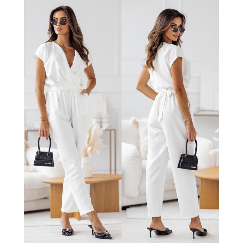 2024 European & American Style Slim Fit Short Sleeve Jumpsuit - Summer Solid Color Fashion