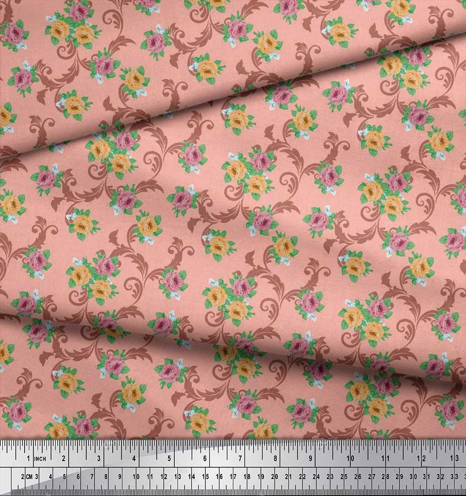 Soimoi Japan Crepe Satin Fabric Swirl,Leaves & Rose Floral Printed Fabric 1 Metre 42 Inch