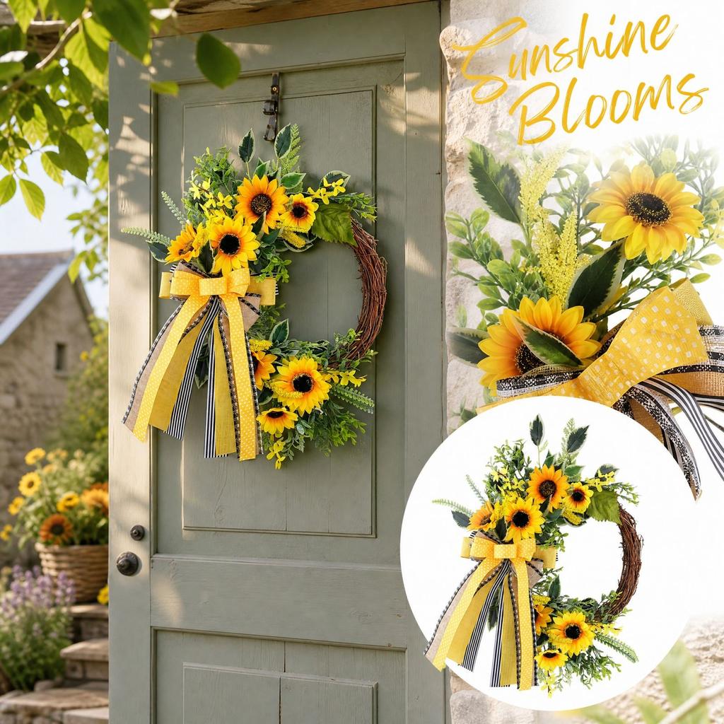 Sunflower Half Wreath for Front Door and Wall Decor, Fall Hanging Ornament for Home Courtyard