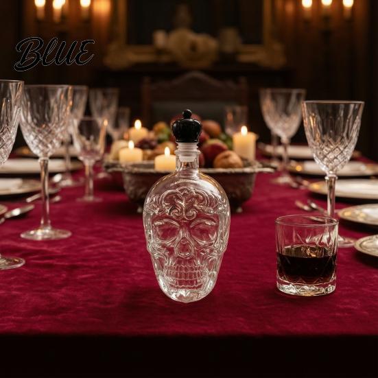 Stylish Skull Liquor Bottle Whiskey Decanter 500ml Gothic Glass with Stopper Halloween Decanter Spirit Dispenser for Home Bar Creepy Gift