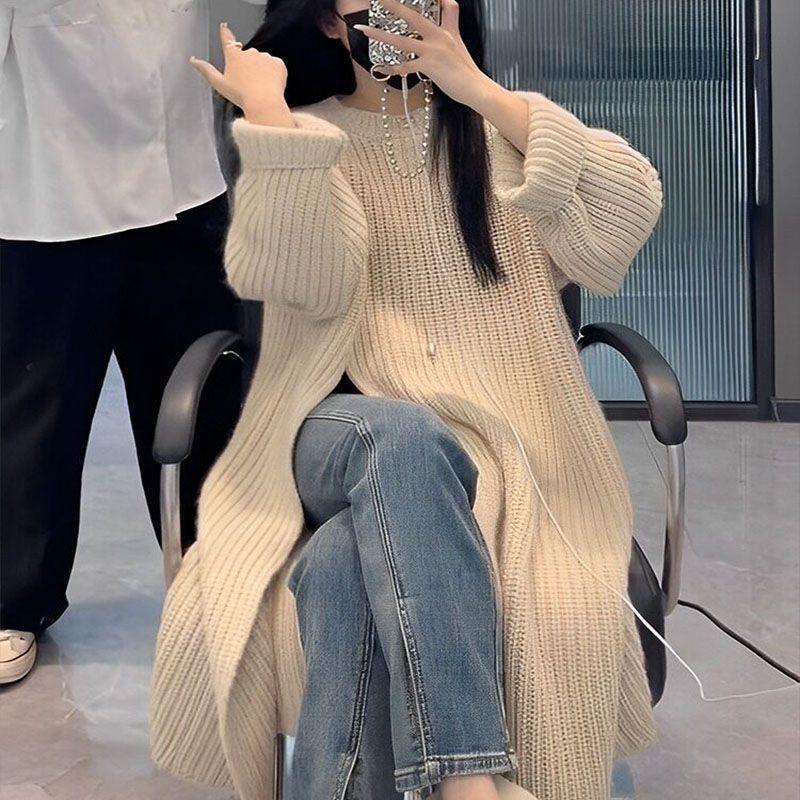 

Женский свитер с неровными разрезами, длинный, свободный и ленивый, с круглым вырезом, на весну и осень, с длинными рукавами one size белый