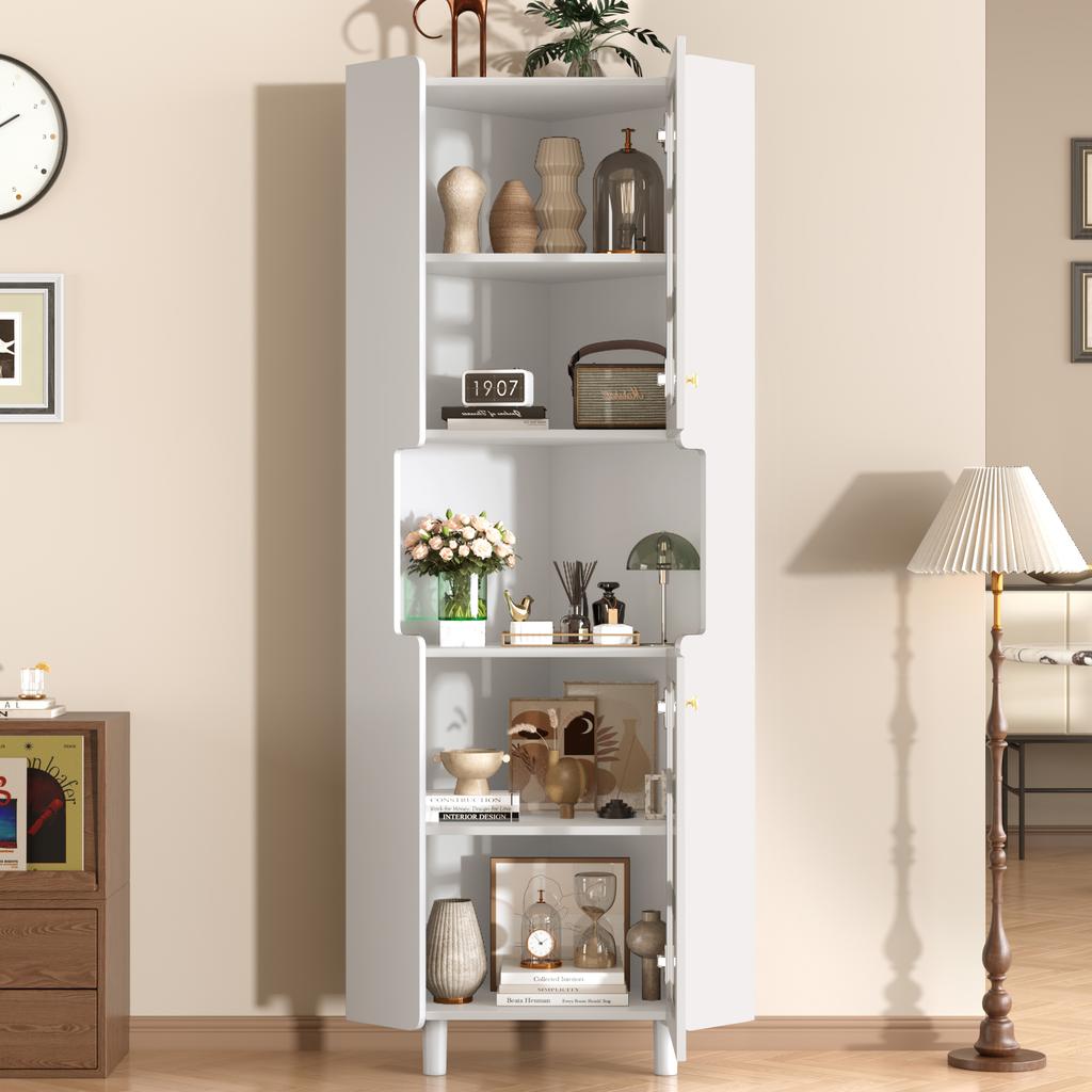 White Corner Cabinet with Lacquer Coating & LED Lighting – Multifunctional Chest of Drawers for Living Room, Bookshelf, Bathroom, Bedroom, Dining Room