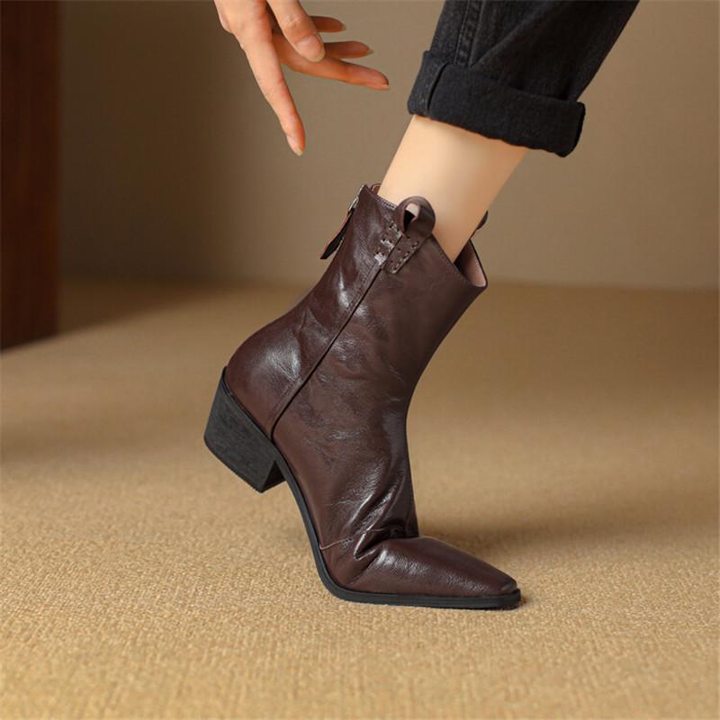 Fashion New Autumn Sheep Leather Women Boots Fashion Square Toe Western Boots for Women Chunky Heel Short Boots Botines Mujer High Heels