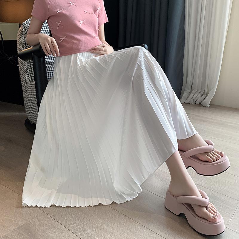 Maternity High Waist Pleated Chiffon Mid-Length Skirt - No Tummy Support, Summer Fashion.