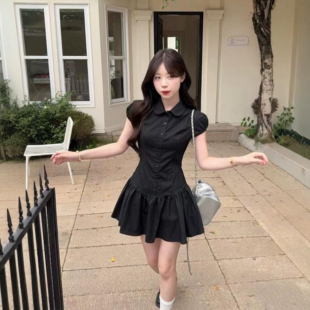 Academy Retro Black Striped Polo Neck Bubble Sleeve Dress Summer Slim and Skinny Temperament Short Skirt