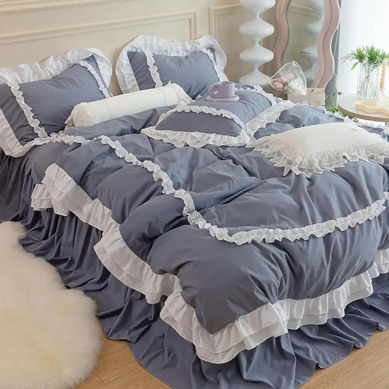 Princess Ruffle Duvet Cover Set Bed Skirt Pillowcase Four Seasons 4pc Beddin Quilt Cover Sheet Double Bed Queen King