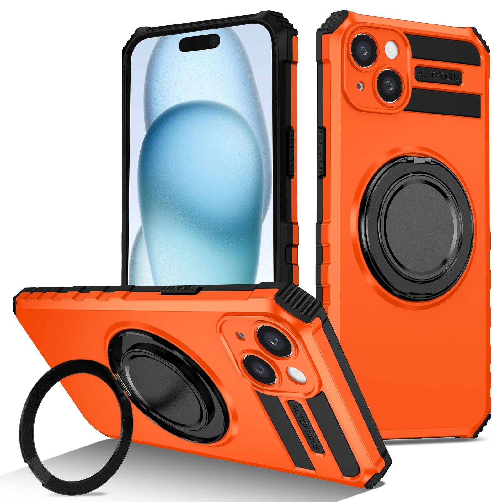 

For iPhone 15 Case Compatible with MagSafe Rotary Kickstand Anti-Drop TPU+PC Phone Cover Orange
