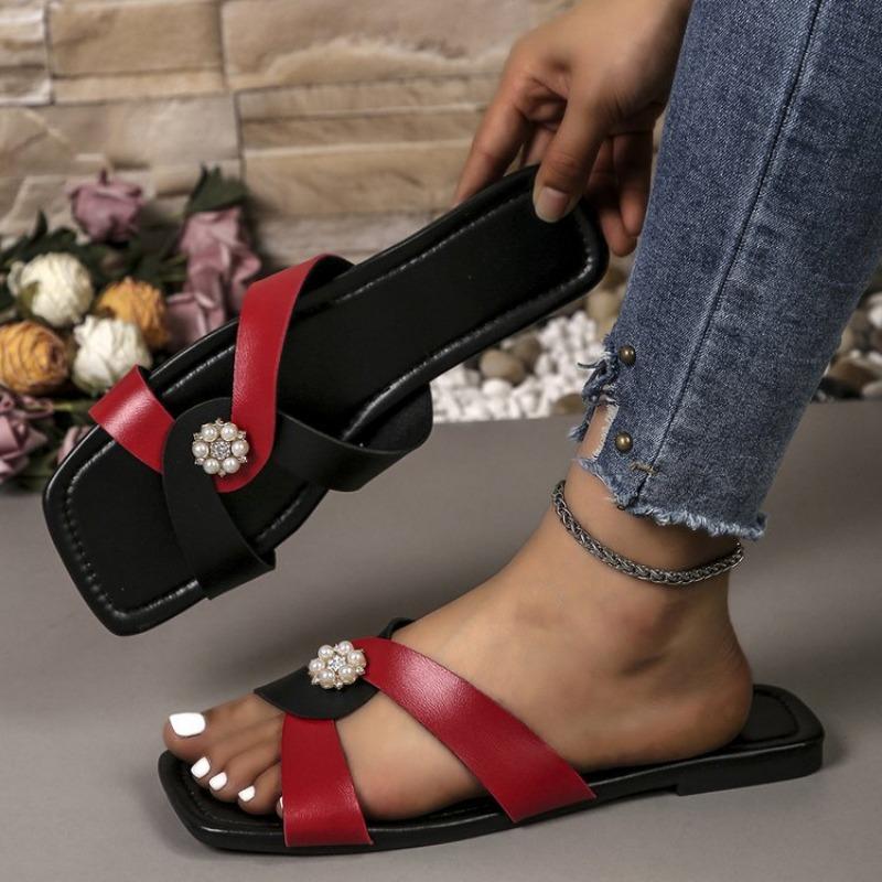 Large size low heel square head slippers women's color matching slippers sandals women