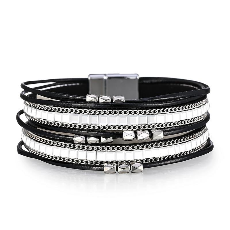 Bohemian Rhombus-shaped Beads Multiple Thin Strings CCB Multi-layer PU Magnetic Clasp Charm Natural Stone 14K Gold Bracelet чёрный