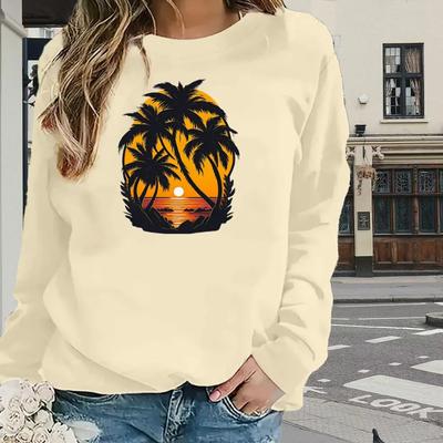 Oberteile Für Damen Kokospalme Sonnenuntergang Druck Rundhals Langarm T-Shirt Herbst Lässig Schlank Pullover Damen Langarm Oberteil