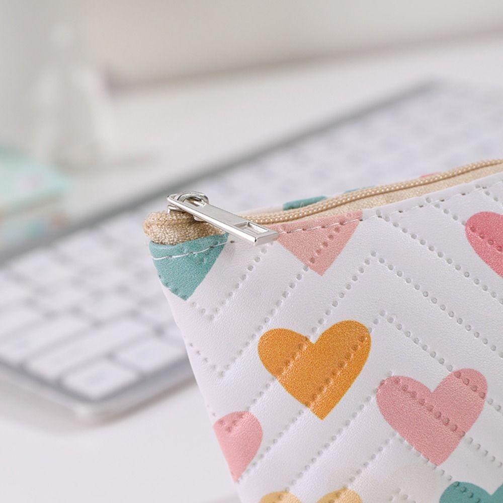 Portable PU Leather Coin Purse Heart Patterns Zipper Closure Mini Wallet Small Makeup Bag Home Travel