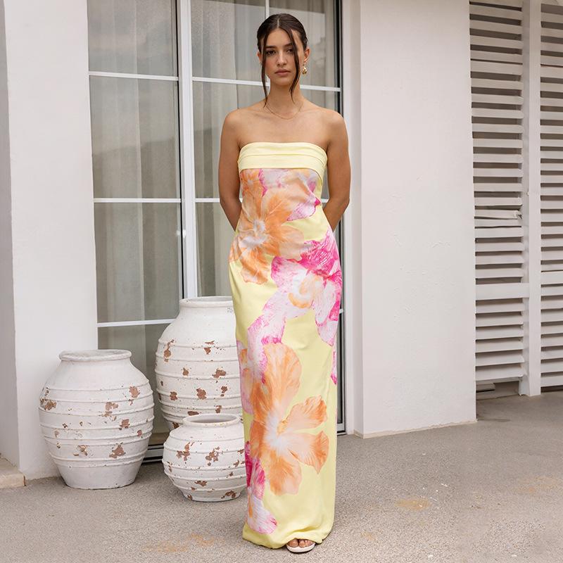Women's Strapless Floral Print Long Dress - Spring/Summer Fashion, Resort Casual Style