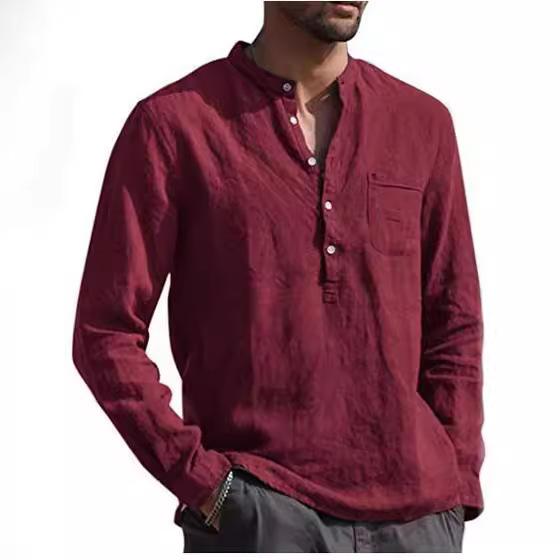 Men's Long-sleeved V-neck Casual Beach Linen Shirt Men's New Versatile Thin Models of Fashion Shirt Tops