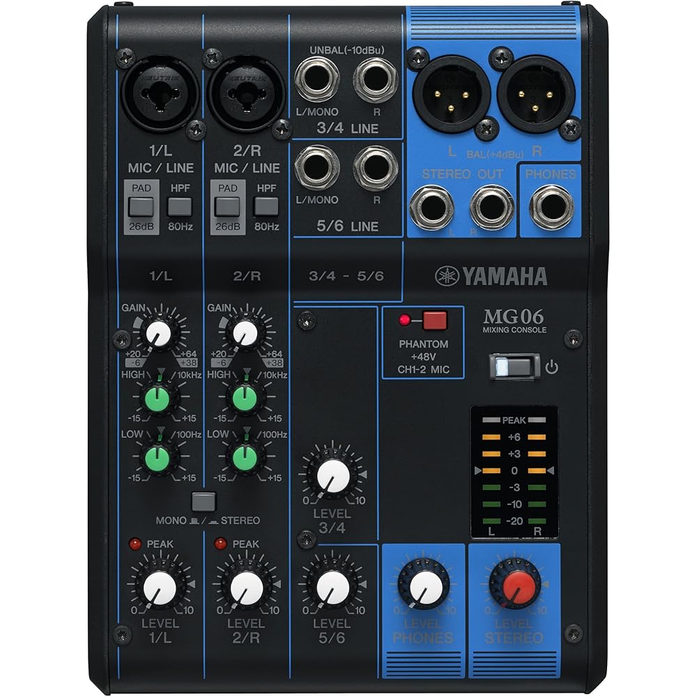 YAMAHA YAMAHA 6-channel Mixing Console MG06 with Maximum 2 Mic/6 Line Input Mic Preamp “D-PRE”, R...