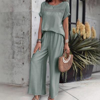 Summer European & American Style Round Neck Loose Casual Patchwork Lace Trim Set