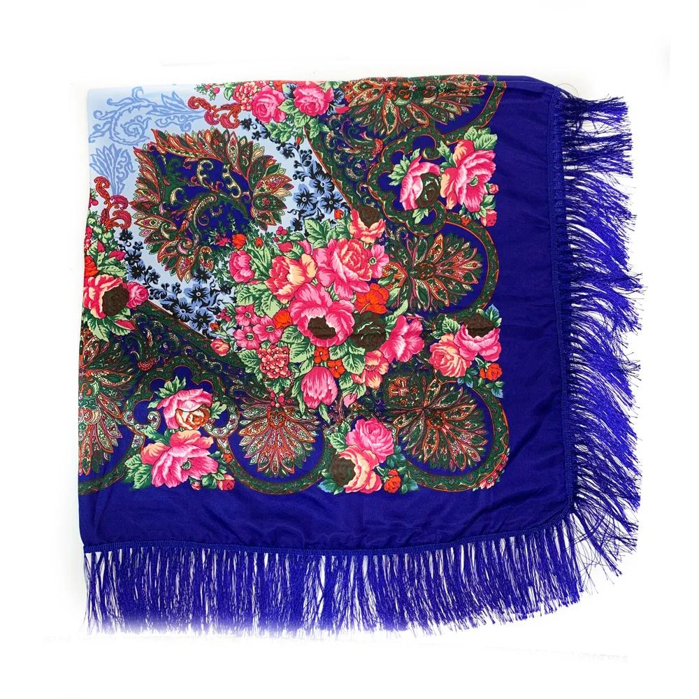 160*160cm Luxury Flower Print Russian Square Scarf Women Traditional Ukrainian Shawl Ethnic Fringed Bandana Babushka Head Wraps