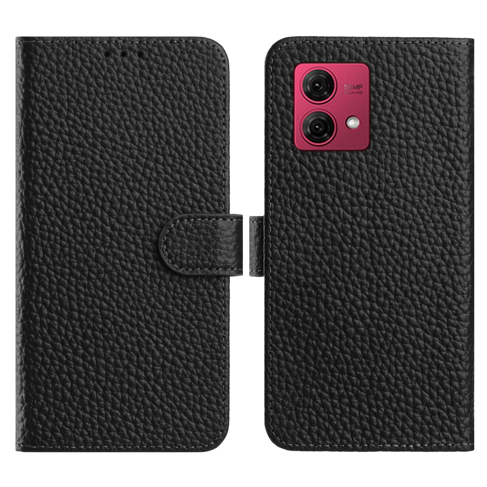 

For Motorola Moto G84 5G Case Wallet Stand Litchi Texture Genuine Cow Leather Flip Phone Cover Black