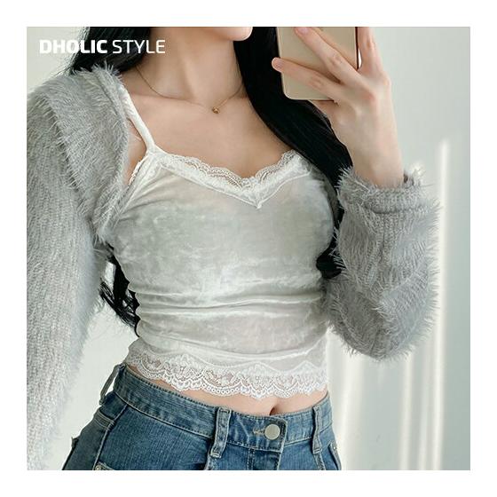 Lace color scheme velor cami p628041 Women s [tops] Tops camisole sleeveless inner lace color scheme velor cropped length girly feminine adult going