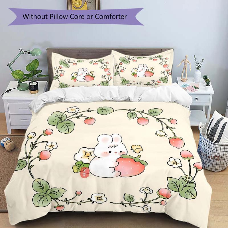 

3pcs Cute Bunny & Strawberry Bedding Set - Includes Comfortable Bedding with Stylish Design for Bedroom M042 135x200cm