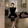 Black semi-turtleneck dress for women's autumn, autumn and winter a-word tutu skirt, short skirt with a base inside, small black skirt