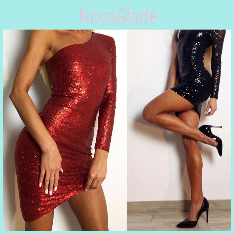 Womens Evening Party Skirt Sexy Single Sleeve Club Dress With Sparkling Night Sequin Shoulder