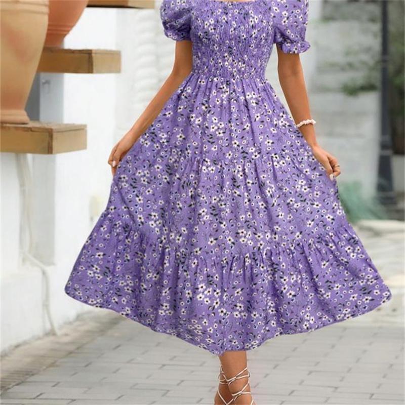 Women's Square Collar Waist Printed Dress S-XXXL