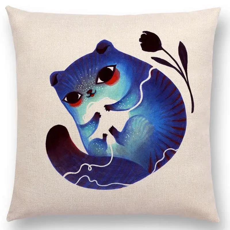Retro Mystery Watercolor Art Totem Sofa Pillow Case Animals Deer Bear Bird Fish Fox Owl Snake Rabbit Heron Bee Cushion Cover