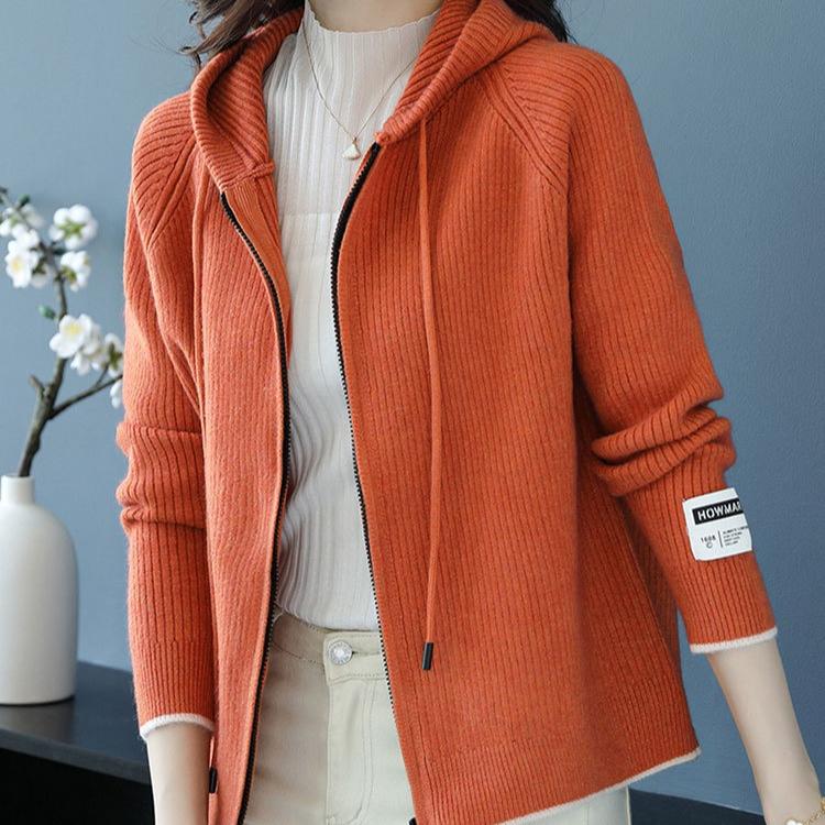 Knitted Hoodie Women's Spring and Autumn Solid-color Short Knitted Sweatshirt Hooded Zipper Sweater Cardigan Baseball Jacket