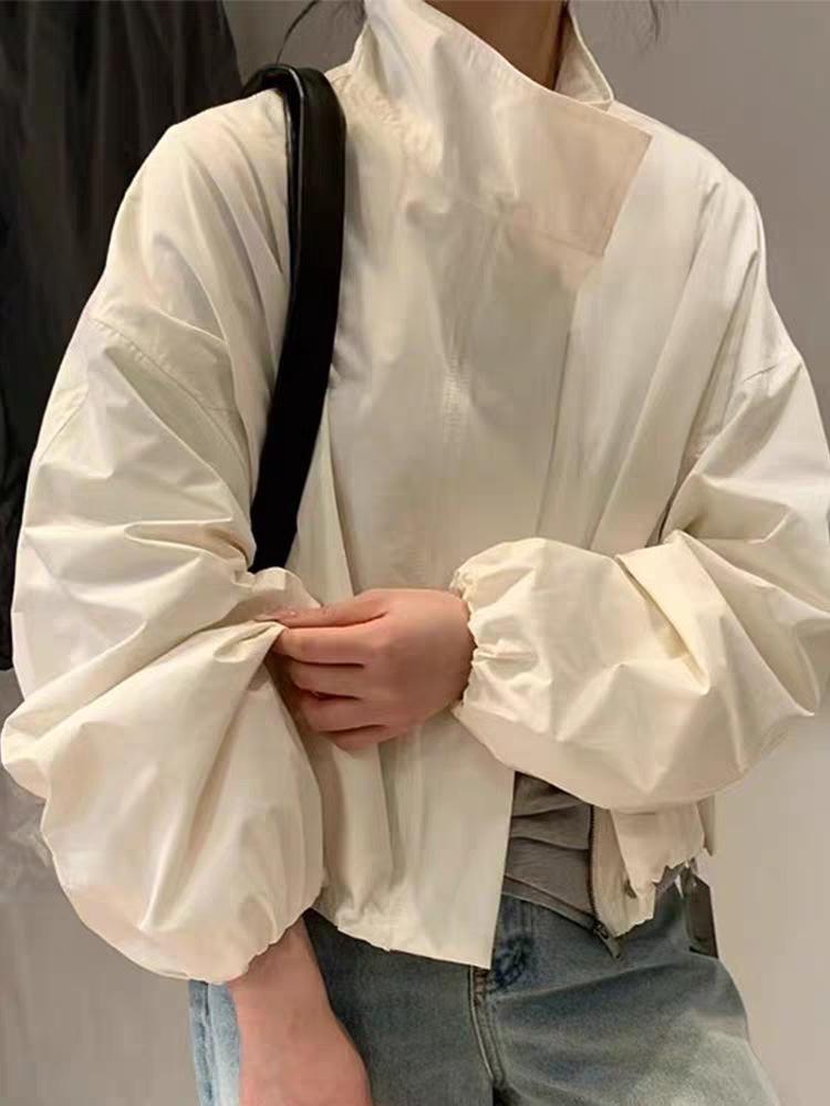 Evropská jarní 2025 dámská petite volného střihu bunda větrovka se stojáčkem a stahovací šňůrkou pro ochranu před sluncem