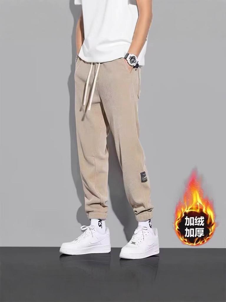 Fleece tied feet casual pants men's autumn and winter thickened men's casual sports pants Korean version loose nine-point pants