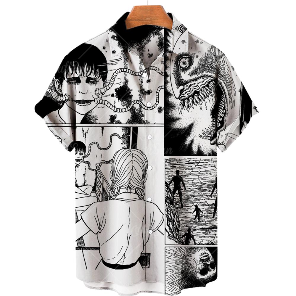 Camisas con Estampado de Anime Japonés Verano 2023 Nueva Camisa para Hombre Impresión 3D Estampado de Terror Ropa Hawaiana Diseño Personalizado Top para Hombre