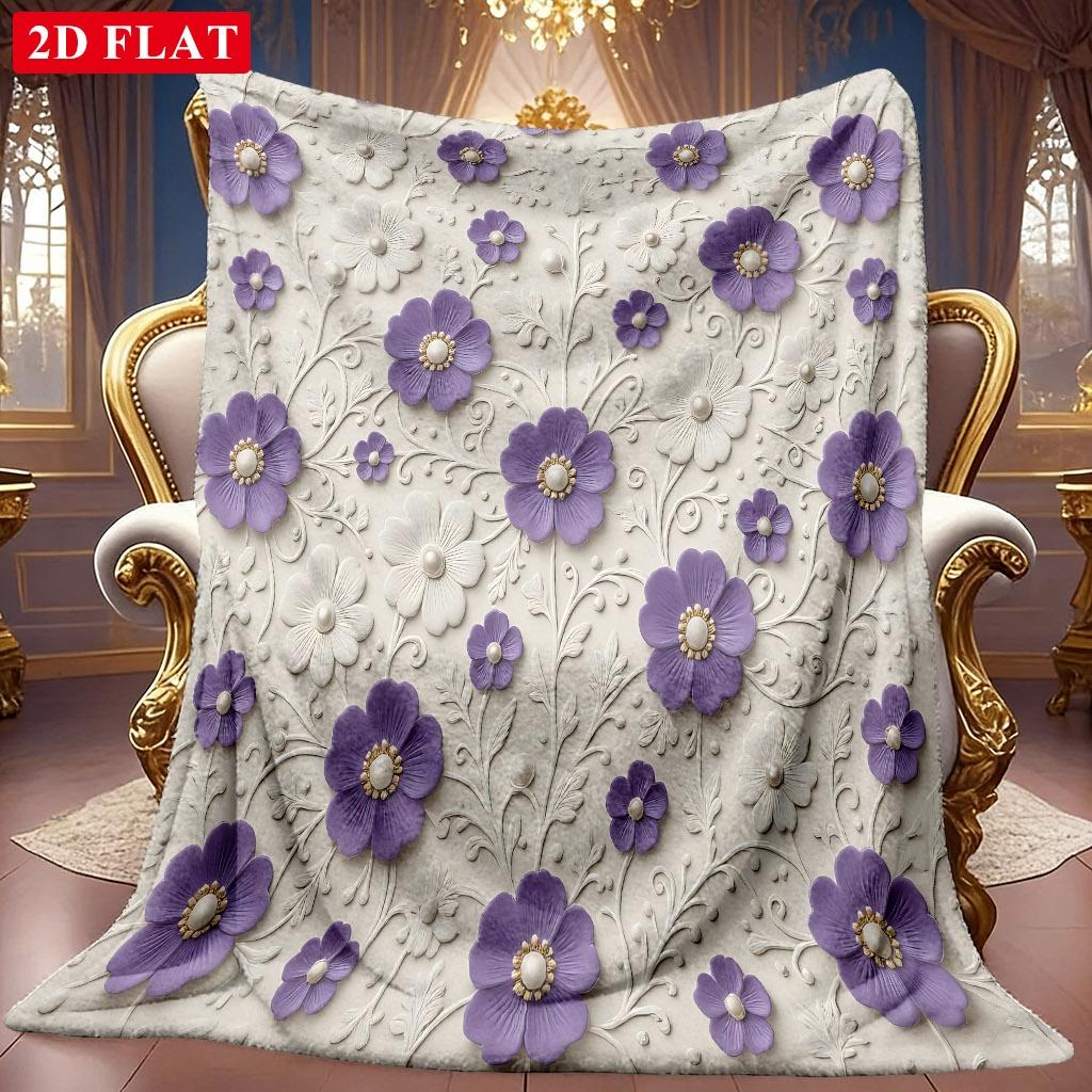 1pc 2D Purple White Floral Vine Theme Pattern Flannel Blanket, Soft HD Digital Print, Cooling Blanket All-Season Use! Soft And Breathable 100% Polyest