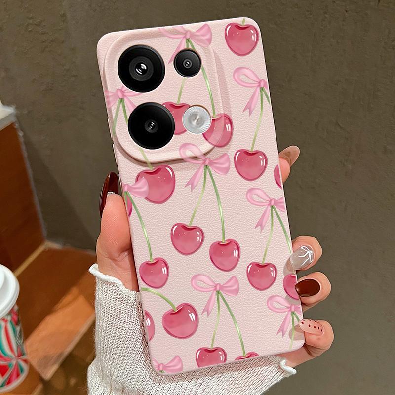 Crystal Cherry Fruits Bowknots Pattern Case For Xiaomi 14T 13T 11T Pro Funda Redmi Note 14 13 Pro 5G 12 11 Leather Texture Silicone Cover