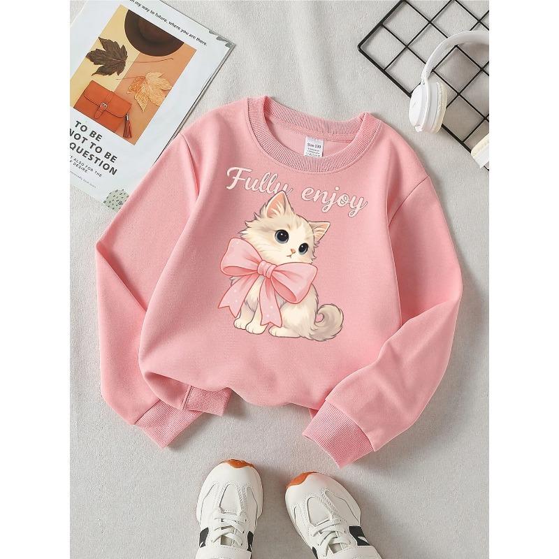 European sizes Adorable Feline with Pink Bow Girls' Trendy Crewneck Sweatshirt, Western Style Long-Sleeved Casual Top for Young Girls