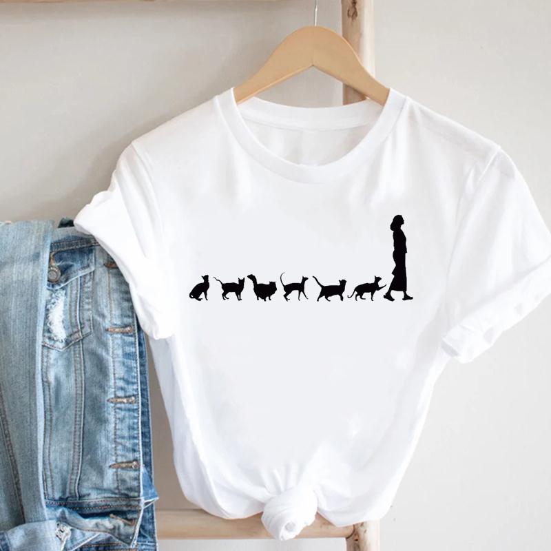 Summer Cat Women Short Sleeve Print Tee Top Love Cute Style Fashion T-shirt  Lady Female Clothing Casual Graphic T-shirt