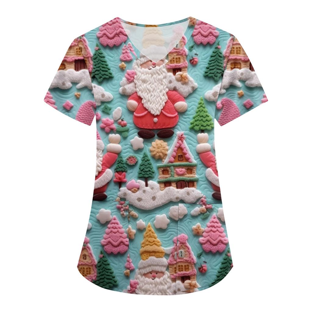 Women's Christmas Print Loose V-Neck Pocket Short-Sleeved Uniform