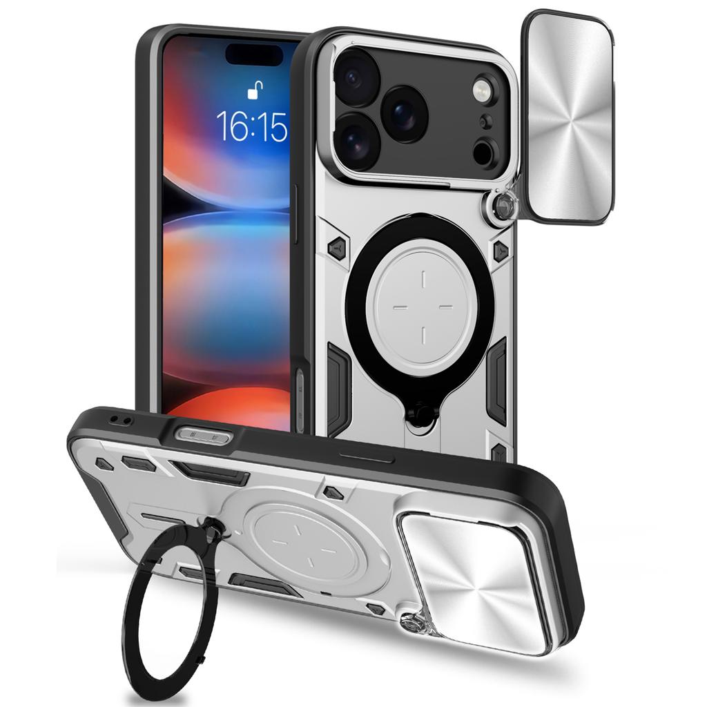 For iPhone 17 Pro Max Case TPU + PC Phone Cover with Kickstand , Slide Lens Window