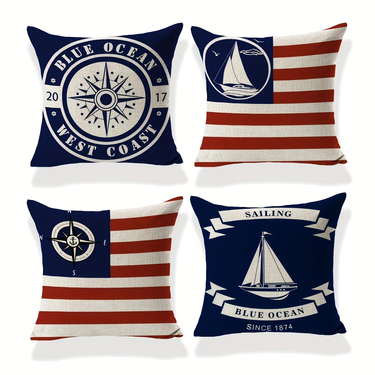 Set van 4 Nautisch Blauwe Kust Marine Polyester Sierkussenhoezen 17,7 x 17,7 Inch - Anker en Streep Ontwerp, Gestructureerd Kussen Peach skin 70*70(CM)-4Pcs