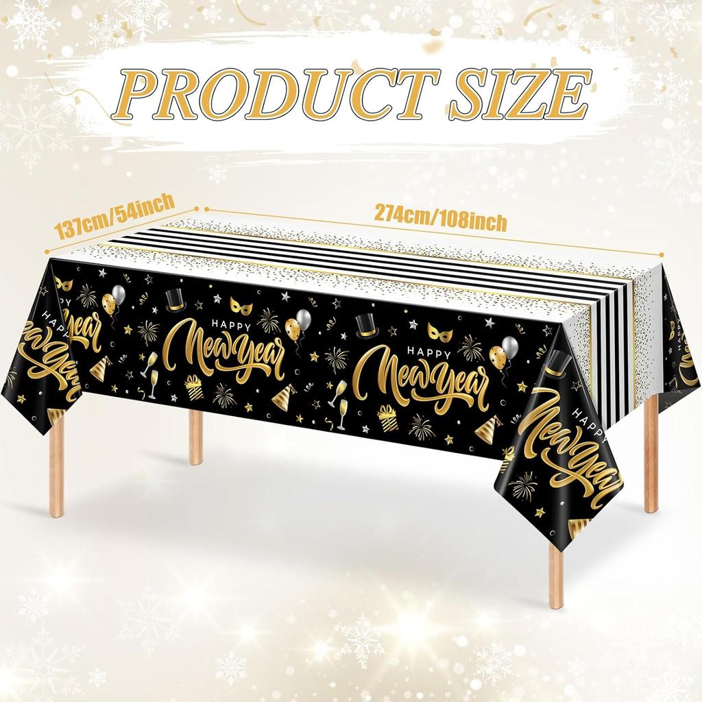 Hallswl 1 Pieces Happy New Year Tablecloths Black Gold Plastic Disposable Table Cloth Rectangle New Year Table Cover for 2026 New Years Eve Party