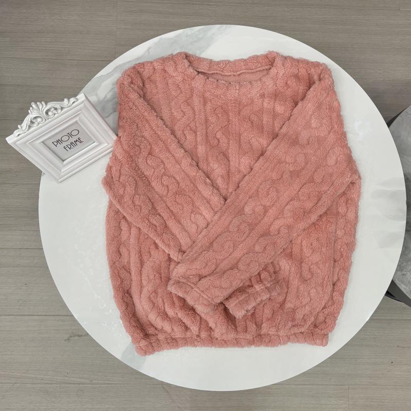 Women's Plus Velvet Coral Fleece Pajamas - Thick, Warm, Solid Color Round Neck Top for Autumn & Winter