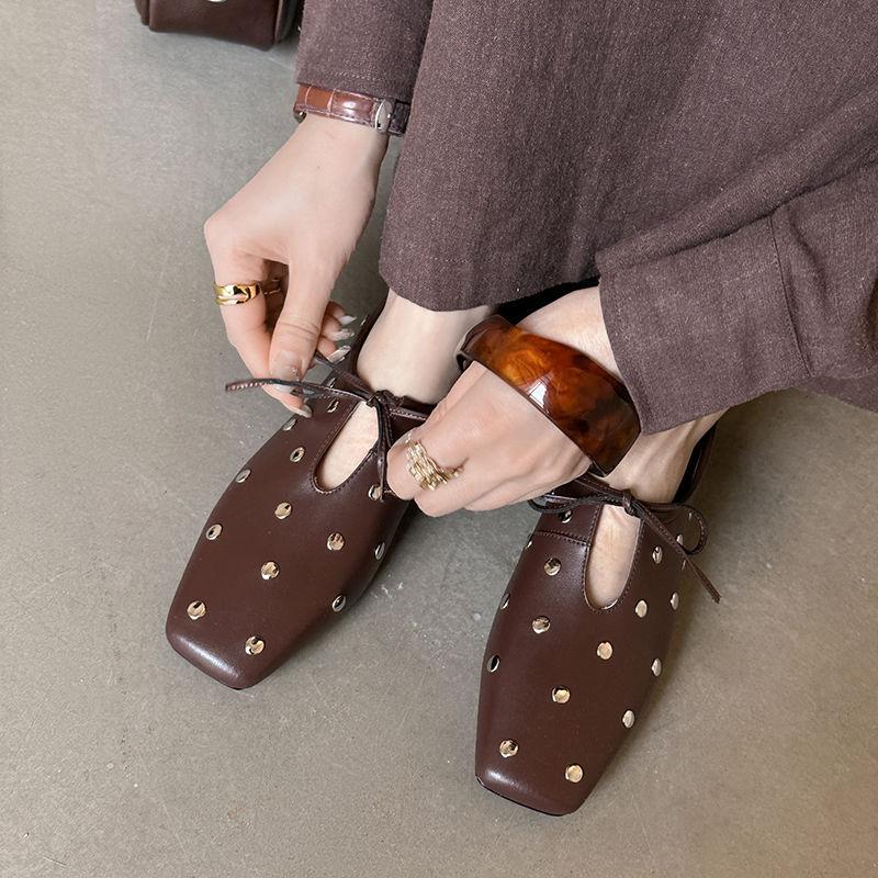 Fashion Size 34-40 Women Casual Loafers Genuine Leather Rivet Flats Shoes Thick Low Heels for Spring 2025 New Slip on Office Daily Dress