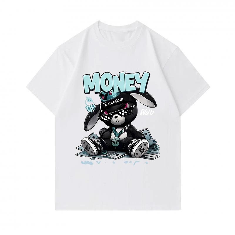 Men's 100% Cotton Crew Neck Short Sleeve T-Shirt, Cool Hip Hop Black Bunny Money Graphic Print Casual Comfortable Streetwear Tee for Daily Wear