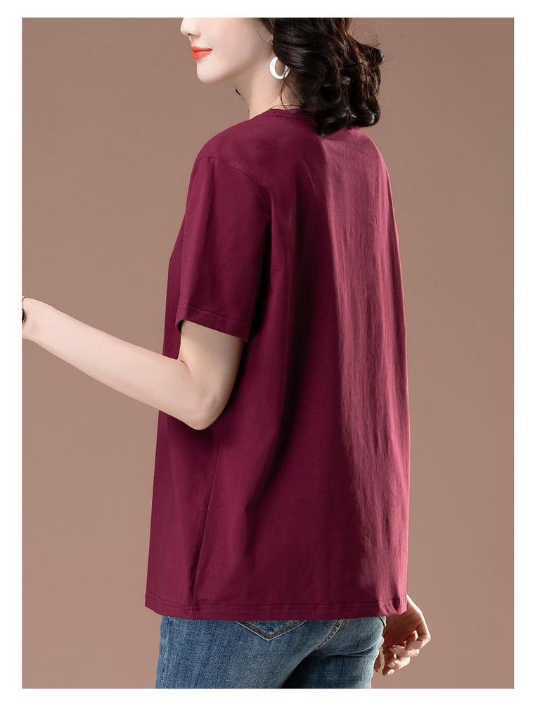 Women's Summer Loose Fit Plus Size Cotton T-Shirt - Midlife & Elderly Casual Half-Sleeve Belly Cover 