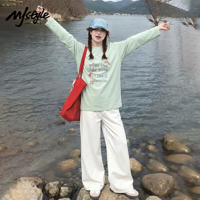 MJ STYLE Women's Graffiti Print Long Sleeve Cotton T-Shirt