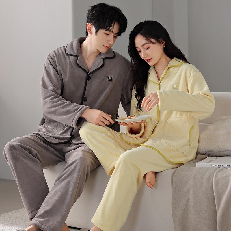 Winter Coral Fleece Pajamas Couple Men And Women Long-Sleeved Cardigan Fleece Thickened Flannel Thermal Loungewear Set