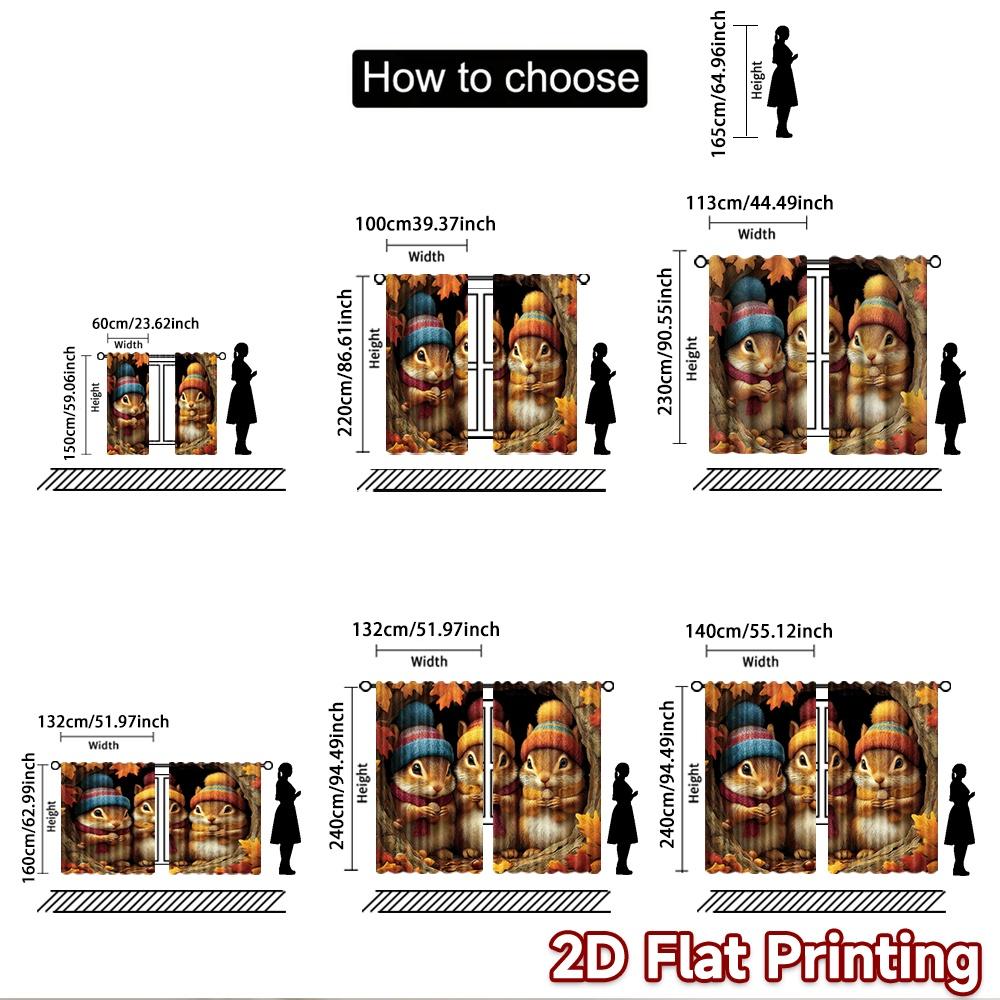 2D Flat Printing 2pcs Party Curtain Cute Squirrels Autumn Cozy Nuts Digital Printed Polyester Drapes Festive Wall Decor for